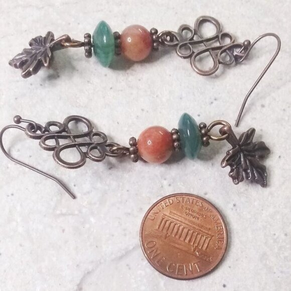 Stacked Beads + Copper Filigree + Maple Leaf Earrings - Unique Autumn Earrings - Picture 5 of 8